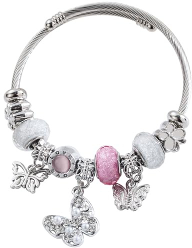 IUULOB Silver Women Bracelets - Adjustable Charm Bracelets for Women Birthday Gifts Favors Titanium Steel Bracelet Bundle Jewelry Kit (D: Butterfly - Pink)