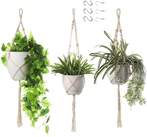 Makramee Blumenampel, 3 Stück Boho Deko Makramee Hängeampel mit Haken, Baumwollseil Hängepflanzen, Boho Zimmer Deko Aesthetic Hängeampel, Blumentopf Hängend für Innen Außen Decken Balkone Wand Deko