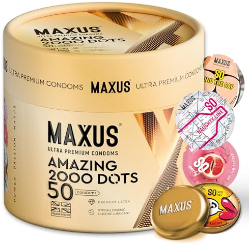 MAXUS Amazing 2000 Dots, 50 Extra Dotted Lubricated Condoms for Men, Regular Fit, Natural Latex, Easy-On Shape, Premium Quality, Includes Stylish Metal Case, Pack of 50