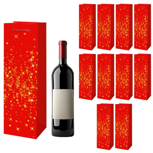 Weihnachten Weinflaschenbeutel aus Kraftpapier,10 Stück Weinflasche Tasche Geschenktaschen mit Griff,Premium Tragetaschen für Verpackung Geschenke Wein Whisky Flaschen,für Party Weihnachte（Rot）