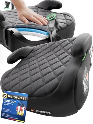 DELWESS Sitzerhöhung Auto Kinder, Kindersitz ISOFIX, 125–150 cm - Schwarz | Premium Kindersitzerhöhung, 3-Schicht-Komfort mit Memory Foam, ECE R129 geprüft, Kindersitz 15–36 kg, Leicht waschbar