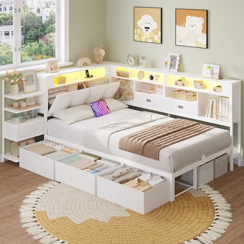 DICTAC Jugendbett 90x190 cm mit 6 Schubladen, LED-Beleuchtung & Lade-Station – Multifunktions-Schlafsofa inkl. integriertem Nachttisch und verstecktem Kopfteil-Stauraum (Weiß)