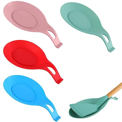 4PCS Spoon Rest, Silicone Spoon Rest, Reusable Cooking Utensil Rests, Kitchen Silicone Spoons Holder for Ladles, Tongs, Spatula, Stove Spoons Holder, Dishwasher Safe(Color:Type: A)