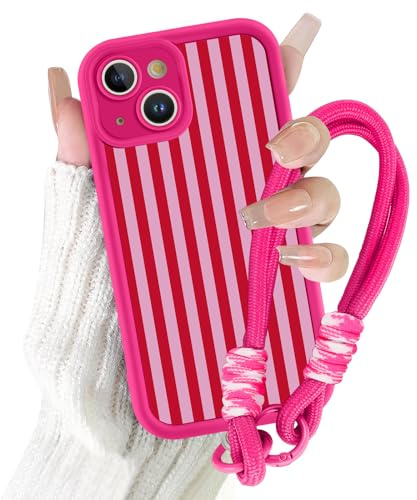 Paovkoi Cover per iPhone 14 con Cordino, Aesthetic estate Stripes Striped Righe Disegni Custodia con Tracolla Laccio Collana, Rosa antico Silicone Bumper Protettiva Custodie per iPhone 14 6,1'' - 01