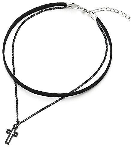 COOLSTEELANDBEYOND Zwei Reihen Schwarz Choker Halsketten Halskette für Damen Mädchen mit Schwarz Kette und Kreuz Charm Anhänger