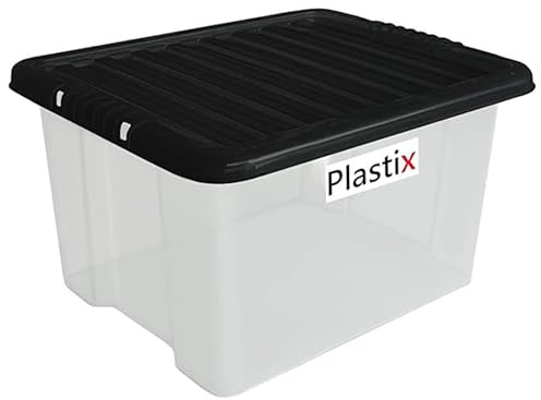 Plastix Clear Plastic Storage Box Boxes With Black Lids Home Office Stackable UK Made (1, 30L)
