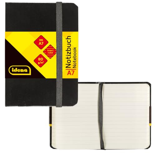 Idena 10033 - Notizbuch DIN A7, liniert, Papier cremefarben, 192 Seiten, 80 g/m², Hardcover in Schwarz