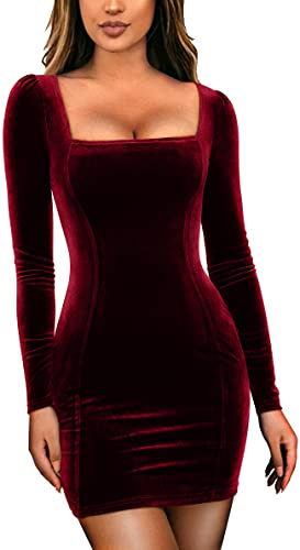 GOBLES Women's Velvet Long Sleeve Square Neck Bodycon Mini Dress WineRed