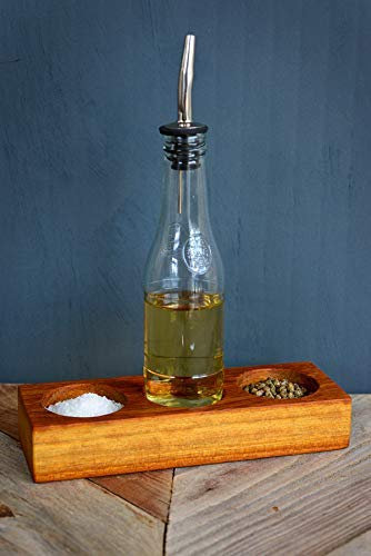 Salt and Pepper Pinch pots, salt cellar, salt pig, seasoning set, with upcycled Babycham bottle for oil or vinegar, handmade from eco-friendly Iroko hardwood.