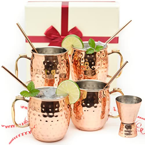Kitchen Science [Gift Set] Moscow Mule Mugs, Stainless Steel Lined Copper Moscow Mule Cups Set of 4 (18oz) w/Straws & Jigger | Tarnish-Resistant Stainless Steel Interior (Set of 4)