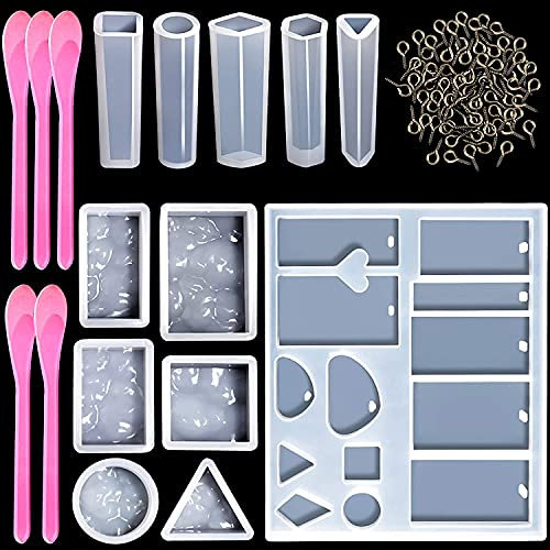 LEOBRO Gießharz Silikonform, 67 Stück Epoxidharz Formen Set, Gießformen Silikonformen für Resin-Schmuck, DIY HarzgießenAnhänger Halskette Ohrringe Schmuck, mit Rührlöffel und Schraubenaugen