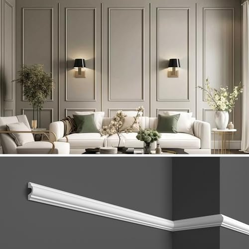Cornici boiserie per parete, 12 metri di profilo decorativo 3d, in duropolimero bianco rigido(meglio del polistirolo e gesso), da applicare a muro, 12 pezzi da 1 metro (HCR 501)