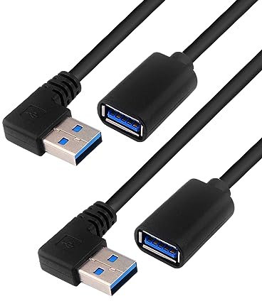 BRIEFCEC Cable Alargador USB 3.0 Alta Velocidad Macho a Hembra - Extensor USB de 90° con Ángulo Adaptador (Derecha, Negro, 30cm, 2Pack)