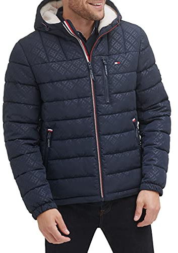 Tommy Hilfiger Men's Midweight Sherpa Lined Hooded Water Resistant Puffer Jacket, Tommy Logo Tech, L