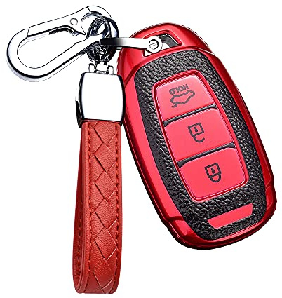 HIBEYO Smart Autoschlüssel Hülle passt für Hyundai Keyless Schutzhülle Schlüsselhülle für Kona i10 i30 ioniq Tucson Nexo Santa Fe Funkschlüssel Schlüsselanhänger TPU Leder Texture Schlüsselbox-Rot