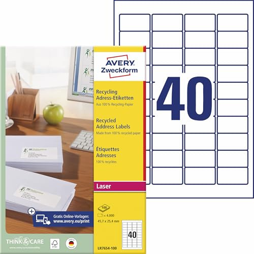 AVERY Zweckform LR7654-100 Recycling Etiketten (4.000 Adressaufkleber, 45,7x25,4mm auf A4, 100% recyceltes Altpapier, bedruckbar, selbstklebend, für alle Briefkuverts) 100 Blatt, naturweiß
