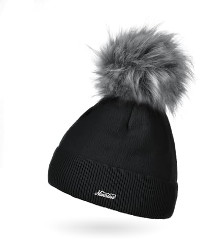 Neverless® Damen Mütze gefüttert Fell-Bommel Kunstfell Wollmütze Wintermütze Bommelmütze Feinstrick