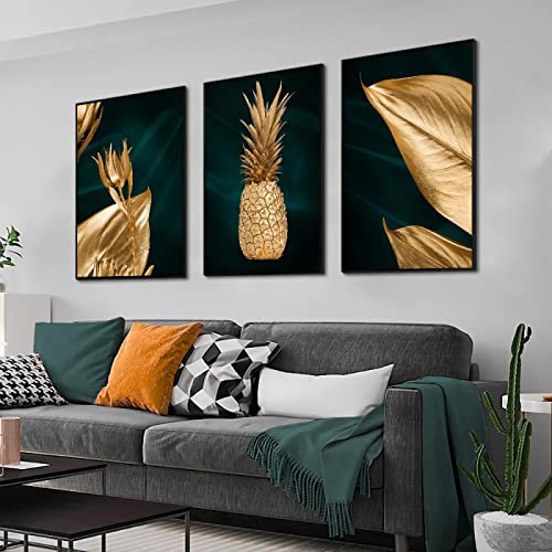 Rumlly Abstrakte goldene Ananas-Leinwandmalerei, moderne nordische goldene Blätter, Poster und Drucke, Wandbild für Wohnkultur, 60 x 90 cm x 3, rahmenlos