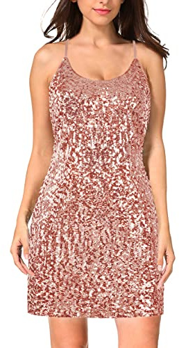 Maner Robe à Paillettes réglables avec Bretelles Spaghetti pour Femme, Rose Gold, Taille XL