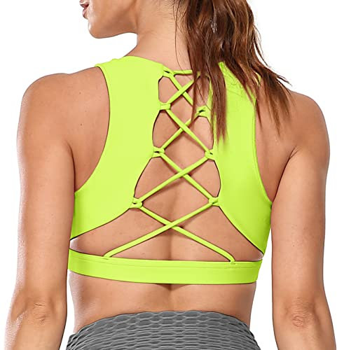 icyzone Damen Sport-BH Gepolstert Gekreuzt Rücken Sport Bra Ohne Bügel Fitness Yoga BH(S, Neon Yellow)