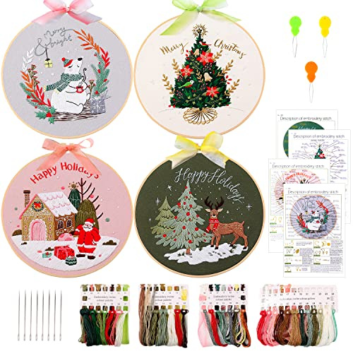 Christmas Embroidery Kit for Beginners Adults, 4 Set Embroidery Starter Kit with Christmas Tree Elk Pattern, Handmade DIY Craft Cross Stitch Kit with Hoops Color Threads Needles and Instructions