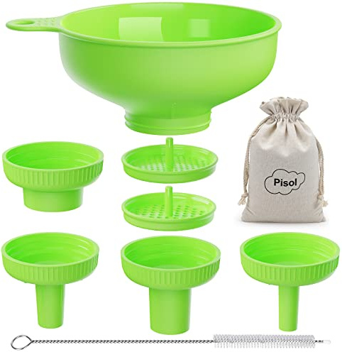 Pisol Breiter Mund Küchen Trichter mit 4 Größen Ausläufen | Lebensmittelqualität Kunststoff, BPA-frei, 5 Mundgrößen, 2 Siebe, drehbares Schraubdesign, spülmaschinenfest.