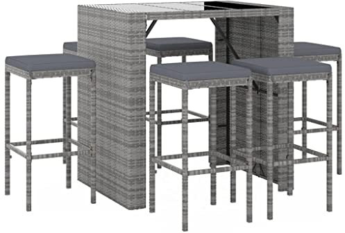 vidaXL Gartenbar Set 7-TLG., Gartenmöbel Bartisch 6 Barstühle, Stehtisch Barhocker für Garten Terrasse, Sitzgruppe Gartenset mit Kissen, Grau Poly Rattan