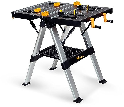 WORKESS Tragbare Werkbank & Sägebock, 200 kg/453,6 kg Kapazität, strapazierfähiger, klappbarer Arbeitstisch, 54,6 cm - 82,5 cm, höhenverstellbar, mit Klemmsystem, 2 x 4 Stützarme, Werkzeugablage für