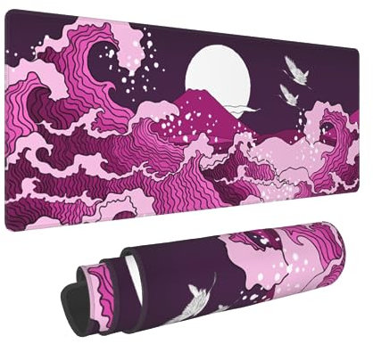 Japanese Purple Wave Gaming Mouse Pad 31.5 X 11.8 Inch XL Cool Style Art Print Big Mousepad Extended Large Laptop Keyboard Mouse Mat Non-Slip Rubber Base with Stitched Edges for Home Office