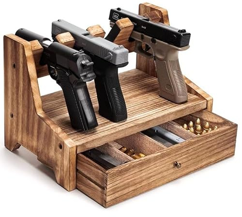 Pistolenständer mit Schublade, Waffenständer aus Holz for Waffentresor, Handfeuerwaffen-Ausstellungsständer, Waffentresor-Zubehör, Pistolenständer for den Innenbereich for Waffenschränke, Schreibtisch