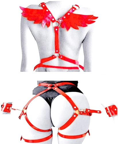 illuevagrun Engel Bondage Fetisch Leder Harness Set Taille Gürtel SM Handschellen Sexy Spielzeug für Frauen Rot