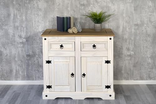 SAM Kommode Cancun Pinienholz weiß | massiv, Sideboard mit 2 Türen & 2 Schubladen, lasiert, Schwarze Metallgriffe, honigfarbene Deckplatte