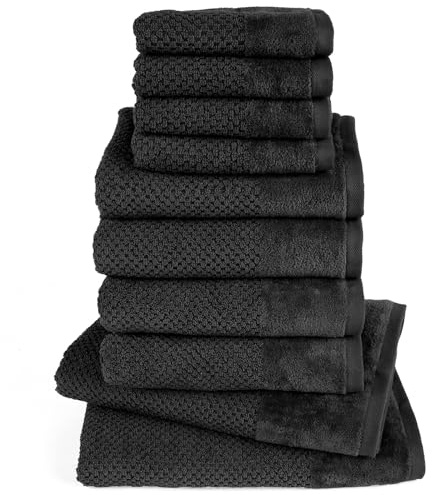 Pure Label Handtuch Set 10tlg 2xDusch 4xHand 4xGäste Schwarz | 100% Baumwolle, weich & saugstark - Waschbar bis 60∘C, trocknergeeignet