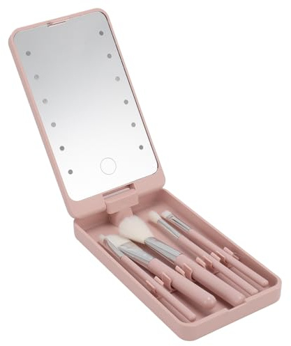 Travel Makeup Brushes Set, 5 Piece Mini Makeup Brush Set with Case and LED Makeup Mirror, Small Complete Function Cosmetic Brushes Kit, Ideal Women