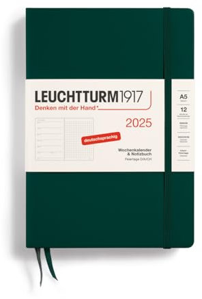 LEUCHTTURM1917 370539 Wochenkalender & Notizbuch Dotted Medium (A5) 2025, Forest Green, Deutsch