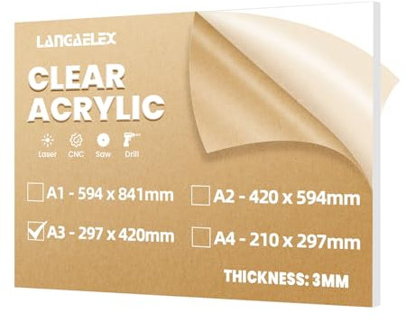 Langaelex A3 Clear Cast Acrylic Sheets 297 x 420mm, 3mm Thick Plexiglass Perspex Sheets cut to Size for Laser Engraving, Picture Frame, DIY and Crafts Project