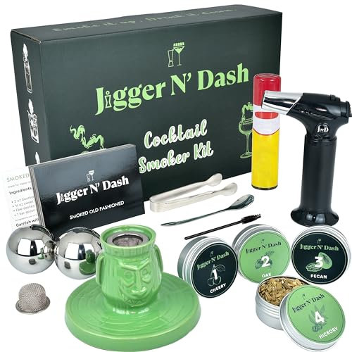 Jigger N' Dash Cocktail Smoker Kit mit Taschenlampe, Tiki Top Whiskey Smoker, Bourbon Geschenke für Männer Old Fashioned Smoker Kit Whiskey Infuser Kit Bourbon Smoker Kit Whiskey Smoker Set (Green