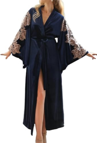 MAYILNSIN Peignoir en velours pour femme - Robe de demoiselle d'honneur en dentelle florale - Robe de chambre pleine longueur - Cache-maillot pour femme - Pyjama de mariage - Fête, bleu, S