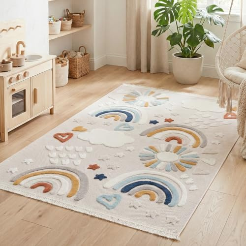 RUGURA Alfombra Infantil Habitación Niña Niño Dormitorio Arcoiris Nubes Estrellas Animales 120x170cm Crema Azul Turquesa Rojo