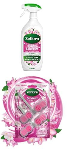 Zoflora Sweet Freesia & Jasmine Bathroom Bundle: Power Spray 800ml, Removes Limescale & Soap Scum, Antibacterial Multipurpose Cleaner + Toilet Block Pack of 2, Antibacterial Toilet Freshener