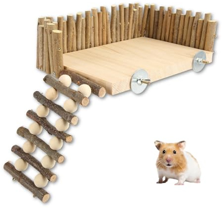 Hamster Plattform mit Leiter, Hamster Kletterplattform, Holzhamster Spielplattformen Hamster, Rennmaus Holz Klettergerüst mit Zaun für Eichhörnchen Rennmäuse Syrische Ratte Goldener Bär