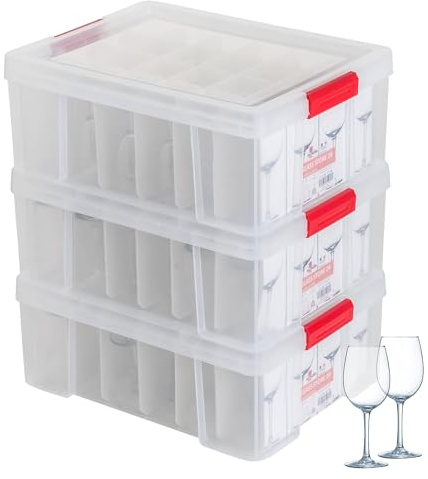 SUNDIS Glass Store, 3er-set Aufbewahrungsboxen für Gläser mit Deckel | Robust, transparent, Fassungsvermögen 24 Gläser, max. Durchmesser 7,2 cm, max. Höhe 16,5 cm, mit clips, stapelbar