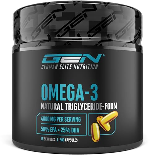 GEN GERMAN ELITE NUTRITION Omega 3 alto dosaggio con 4000 mg - 300 capsule | Olio di Pesce con l'80% di Acidi Grassi - 2000 mg di EPA & 1000 mg di DHA - Trigliceridi Naturali - Accuratamente Purificato