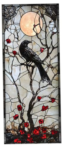 Stained Glass Window Privacy Film 18x39 Double Side Gothic Window Film Raven Moon Berry Vines Static Cling Sticker for Halloween Home Decor Stained Glass Privacy, Gothic