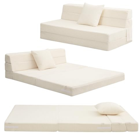 MeMoreCool Folding Mattress Double, Corduroy Fold Out Sofa Bed, Grey | High Density Foam Foldable Futon Mattress, Portable Floor Guest Sofa Bed for Sleeping, Travel, 13cm thick, 190x135cm