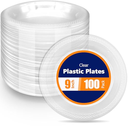 GRWJHUM 100 Count Clear Plastic Plates 9 Inch,Washable & Reusable，Dessert Plates Disposable,Cake Plates Disposable,Clear Plates For Party,Weddings and Events