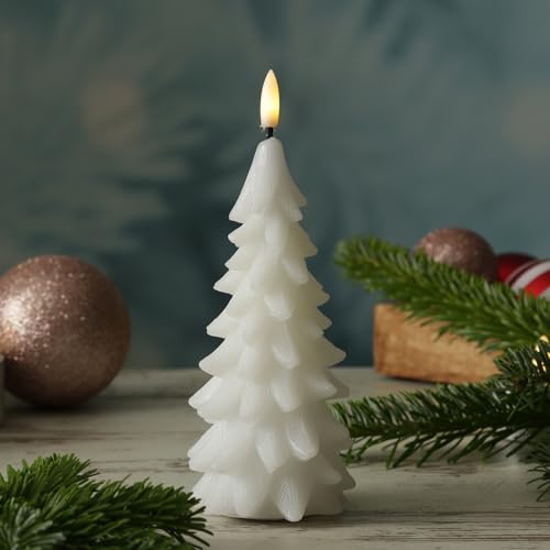 LED Kerze Tannenbaum Weihnachtsbaum Echtwachs Timer (Tannenbaum 19cm Weiß)