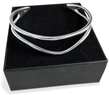 Suli Bijoux Sterling Silver Wave Bangle Bracelet for Women, 925 Solid Silver, Elegant Open Cuff Design, Gift Box & Ribbon – Perfect Present
