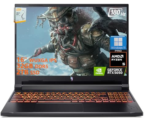 acer Nitro V 16 AI Gaming Laptop | 16 WUXGA IPS 180Hz | AMD 6-Core Ryzen 5 240 | 32GB DDR5 2TB SSD | GeForce RTX 5050 8GB DLSS4 (Up to 440 AI Tops) | Backlit Keyboard Win11 Pro w/DLCA Accessory