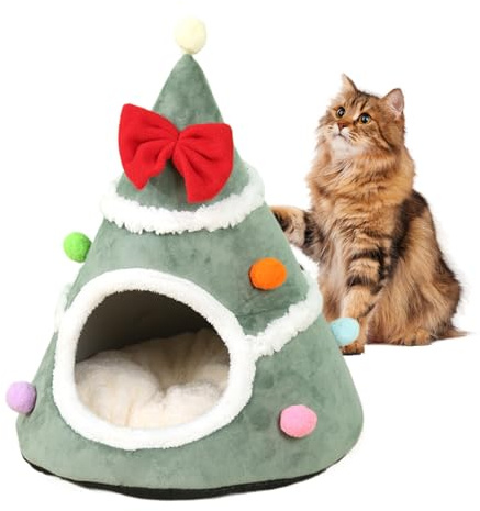 Katzenhöhle für Katzen Weihnachtsbaum waschbar warm halbgeschlossen für Weihnachten für Kleine Mittlere und Rassen zum Spielen und Schlafen im Schlafzimmer und auf dem Balkon